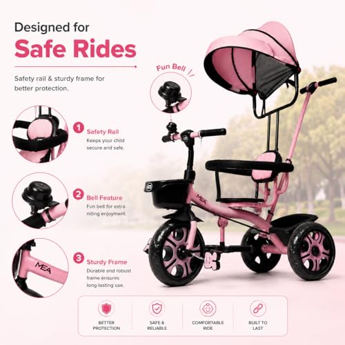 Image of MEA Kids Tricycle with Adjustable Canopy & Parent Push Handle | Safe Baby Trike with Safety Guard Rail, Comfortable Seat & Storage Basket | Play Ride-On Tricycle for Toddlers Boys & Girls - Pink