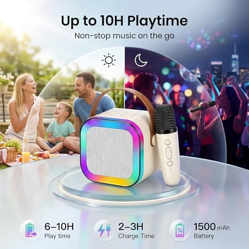 Image of NHR Mini Karaoke Machine for Kids Ages 3-12 & Adults with Wireless Microphone, Portable Bluetooth Speaker with RGB LED Lights & 5 Voice Effects, Birthday Gift Toy for Toddlers Boys Girls K12