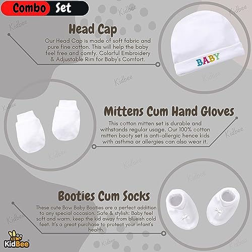 Image of Kidbee Baby Cotton Booties Mittens and Caps Combo for New Born Babies (0-6 Months)