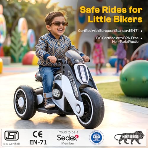 Image of Toyzone Rambo Electric Bike - White | 12V Rechargeable Bike for Kids with 4.5Ah Battery | LED Lights, Music, MP3| Smooth Acceleration | 6M Battery Warranty | for Big Kids Age 4-12 Years, Up to 35kg