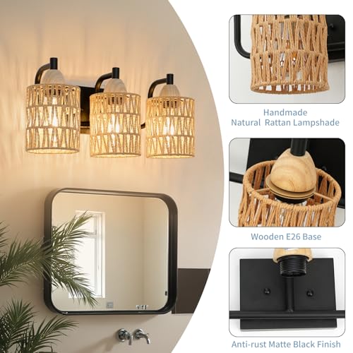 Image of FRIDEKO HOME Farmhouse 3-Light Bathroom Vanity Light - Rattan Light Fixtures Wall Sconce Bathroom Lighting Fixtures Over Mirror with Boho Woven Lampshade for Bedroom Living Room Hallway