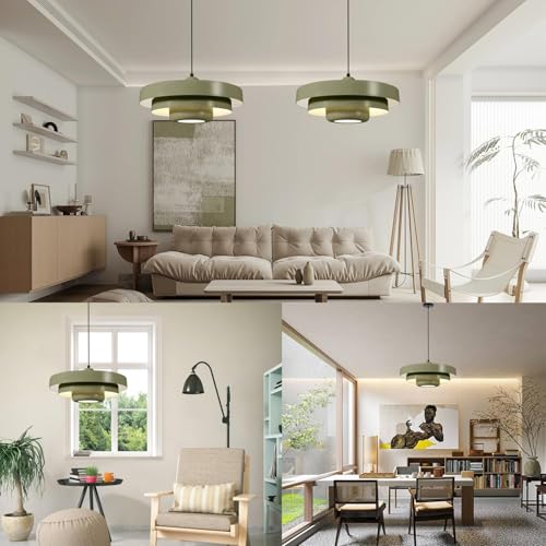 Image of Olive Green Large Pendant Light Fixture, 17.7 inch Vintage Industrial Adjustable Height Hanging Lamp for Farmhouse Cafe Bistro Kitchen Island Dining Room
