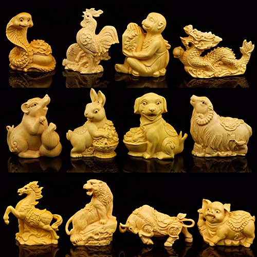 Yzdsbd Statues Figurines Sculptures China Animals Zodiac Sculpture Tiger Rabbit Dragon Snake Horse Goat Monkey Chicken Dog Solid Wood Statue Home Decor Ornaments,12Pcs #TOP5