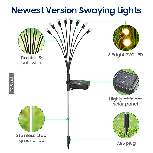 BONLION Solar Garden Lights, 8 Pack 64 LED Firefly Solar Lights Outdoor Waterproof, Swaying by Wind with Higher Flexibility，Bright Up to 10 Hours, Solar Lights for Outside, Yard, Patio, Pathway Décor by BONLION - Image 2