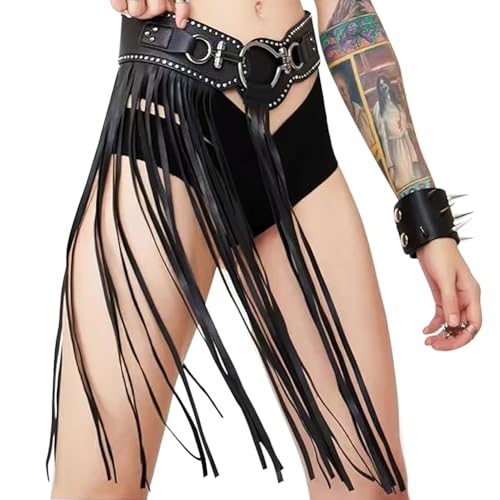 Viking Armor Skirt Belt with Tassel Medieval Roman Fringe Faux Leather Waist Belt for Punk Cosplay Dance Party