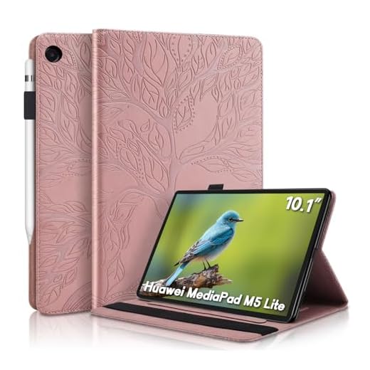 Aswant Huawei Mediapad M5 Lite 10 fodral präglad träd PU läder fodral plånbok bokstil flip fodral ställ funktion och kortplats surfplatta fodral för Huawei Mediapad M5 Lite/C5 10,1 tum 2018 – roséguld