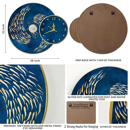 Image of PAINTINGMANTRA Golden Wave Abstract Round Wall Painting with Clock for Living Room Decoration, Clock with Painting Circular Gold Metal Finish Stylish Large Wall Art (28x22 Inch)