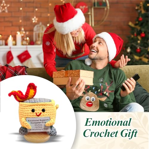 Image of Emotional Support Dumpster Fire - Positive Crochet Birthday Easter Basket Stuffers Essentials Gift for Women Men Girls Coworker Friend, Handmade Knitted Doll for Home Office Accessories Decor (Yellow)