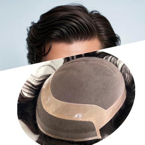 Hywel Hair System Toupee for Men with 100% Human Hair, Mono Lace with Soft Skin Toupee Mens Wig Base Size 6 * 9 Inch, Hair Pieces Replacement Color #1B Off Black