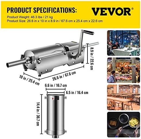 VEVOR Sausage Stuffer Machine 10L Stainless Steel Sausage Filler Horizontal Manual Sausage Meat Stuffer Machine for Making Hot Dog Sausages Bratwurst Suitable for Home and Commercial Use