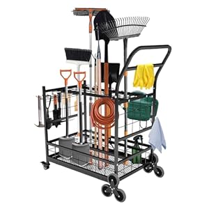Garden Yard Tool Organizer with Wheels,Garden Tool Storage,2 Stair Climbing Wheels Garden Cart Yard Tool Organizer for Garage,Yard Racks Tools, Shed, Garage Tool Organizer Rack,Black