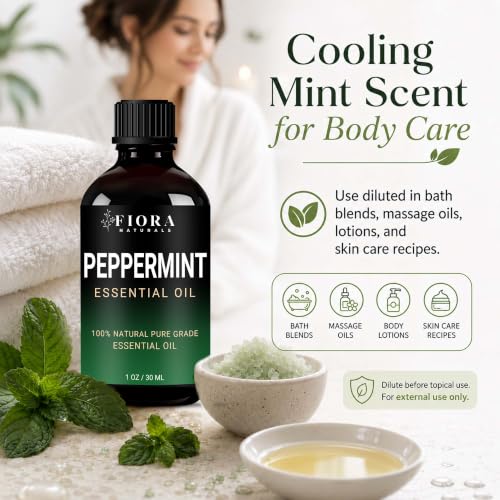 Image of Peppermint Oil by Fiora Naturals - 100% Pure Peppermint Essential Oil, Mentha Piperita Mint Oil for Aromatherapy Diffuser, Skin, Hair, Scalp, DIY Soap & Candle Making, Aceite de Menta