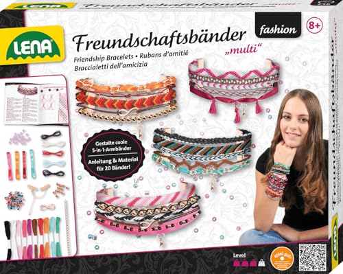 Lena 42117 Bastelset Multi Freundschaftsbänder groß, Komplettset mit 240 Perlen, Satinbänder, Garne, Kordeln, Ketten und Verschlüsse, Knüpfset für Kinder ab 8 Jahre, Flechtset für 4 Armbänder 5in1