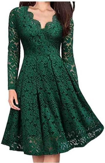 Women's Floral Lace V-Neck Long Sleeve A-Line Midi Dress Tunic Slim Fit Elegant Formal Party Dresses for Women