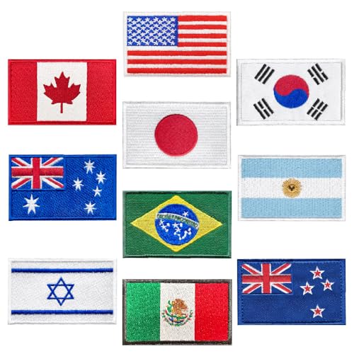10 Stück Kanada Vereinigte Staaten Australien Japan Brasilien Flaggen HOOK LOOP Stickerei patch,Patches Kompatibel mit Klett für Rucksäcke Kleidung Baseballkappe Uniform Weste Jeans Jacken
