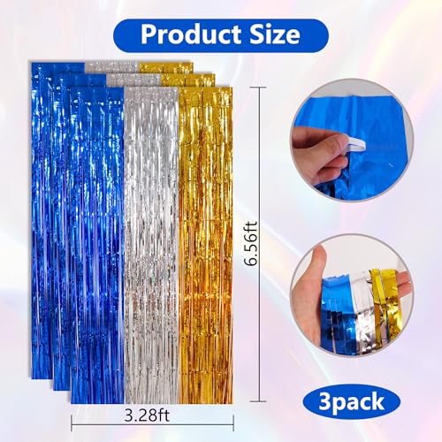 BEISHIDA 3Pcs Blue Silver Gold Door Streamer Backdrop Foil Fringe Tinsel Curtains Backdrops for Boy Men Birthday Baby Shower Graduation Decoration (3.28 ft x 6.56 ft) by BEISHIDA - Image 2