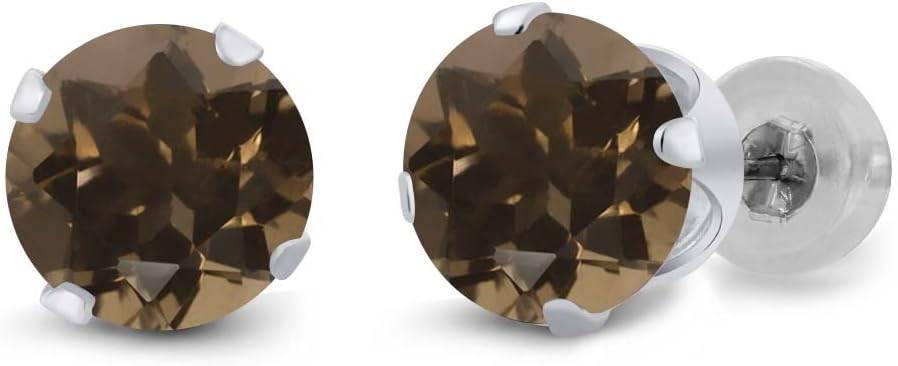 Gem Stone King 1.60 Ct Round Brown Smoky Quartz 14K White Gold Stud Earrings Set For Women Men