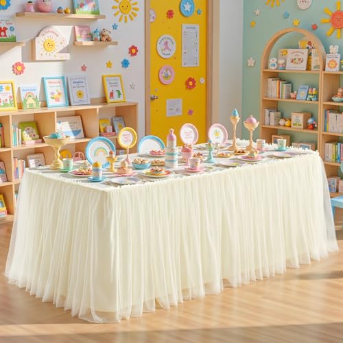 14FT Long Champagne Tulle Table Skirt for Rectangle Round Tables 3-Layer Ruffle Desk Teacher Skirt for Back to School Supplies Princess Girls Birthday Party Cake Dessert Classroom Dorm Decor
