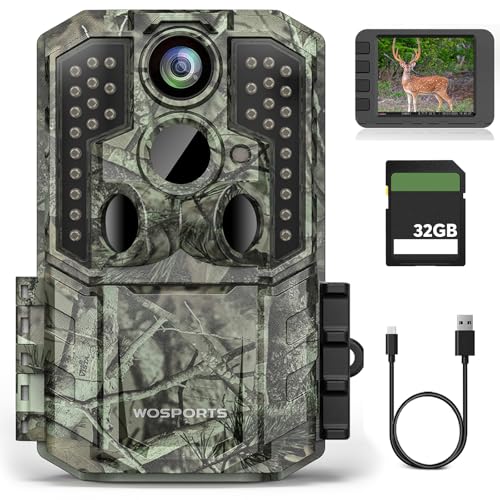 トレイルカメラ 4k Wosports 4800万画素 防犯カメラ 屋外 電池式 赤外線カメラ 最大256GB カード対応 IP66級防水防塵 不可視赤外線 32GBメモリーカード付き 超高速トリガー 120°超広検知範囲 内蔵マイク 人感センサーカメラ 動体検知 日本語取扱説明書付き - Wosports - 商品画像