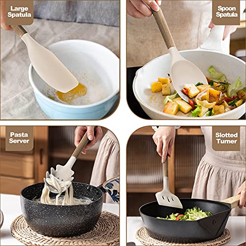 Silicone Kitchen Cooking Utensil Set, 9Pcs Kitchen Utensils Spatula Set With Wooden Handle For Nonstick Cookware, 446°F Heat Resistant Silicone Kitchen Gadgets Utensil Set With Large Holder（Khaki） #TOP4