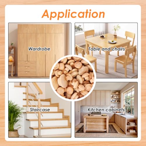 Tnisesm 150Pcs 4 Sizes Wood Plugs 3/16 Inch, 5/16 Inch, 3/8 Inch, 1/2 Inch Wooden Hole Plugs Button Plugs Hardwood Hole Plugs for Holes in Locking Hole Tube Furniture, Mushroom Head Shape
