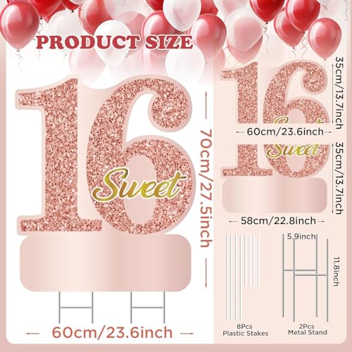 27.5 Inch Sweet 16 Happy Birthday Large Yard Signs Sweet 16 Birthday Decorations Rose Gold Personalized Name 16th Birthday Lawn Sign with Stakes for Girls Outdoor Sweet 16 Party Celebrations Supplies - Thumbnail 2