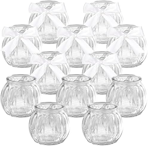 Belle Vous 12 Pack Clear Glass Tealight Candle Holder with White Ribbon - Votive Tea Light Holders Set Ideal for Weddings, Parties, Home Decor, Table Centrepieces & Gifts