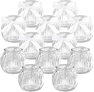 Belle Vous 12 Pack Clear Glass Tealight Candle Holder with White Ribbon - Votive Tea Light Holders Set Ideal for Weddings, Parties, Home Decor, Table Centrepieces & Gifts