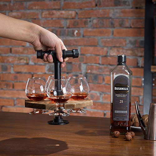 Mygift Solid Burnt Wood Serving Beer Whiskey Flight Set Tray With Industrial Black Metal Pipe Carrying Handle And 4 Small Snifter Style Tasting Beer Glasses #TOP6