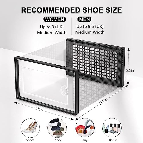 Taylor & Brown Shoe Storage Box, 12 Pack Clear Transparent Shoe Storage Boxes Hard Plastic Stackable Organiser Containers Bins, DIY Easy Assembly, Sturdy & Durable, Space Saving, Black Door Frame