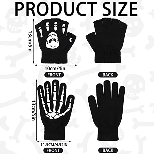 Bencailor 4 Pairs Kids Skeleton Fingerless Gloves Glow in The Dark Luminous Knit Skull Winter Warm Gloves,11-15 Years3