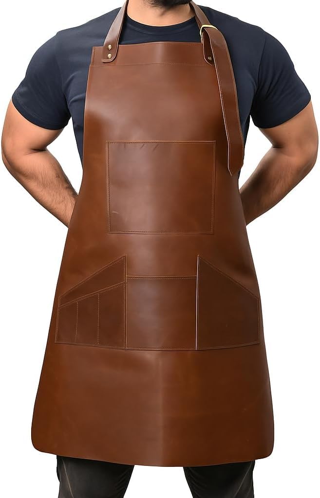 HEAVEN HUSH Genuine Leather Heavy Duty Aprons for Men with Adjustable Straps & Tool Pockets, Workshop, Mechanics, Blacksmith, Cooking, Carpentry, Welder, Shop, Bartender Apron (7 Pocket, Dark Brown)