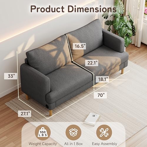 Image of 70 inch Modern Loveseat Sofa with USB Type-C Ports, Linen Fabric 2-Seater Deep Seat Couch, Cozy Small Couch Sofa for Living Room Bedroom Office Apartment (Dark Grey)