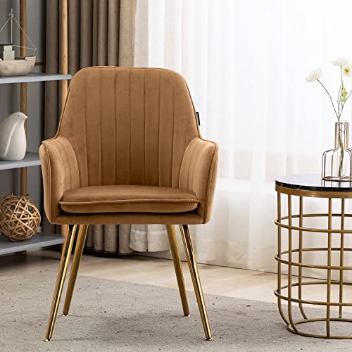 Artechworks Velvet Modern Living Dining Room Arm Chair Club Leisure Guest Lounge Bedroom Upholstered Chair With Gold Metal Legs, Camel Color #TOP12