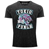 Neverless® Herren T-Shirt Vintage Shirt Tokio Punch Schriftzug Tigerkopf Print Tattoo Style Used Look Slim Fit schwarz-blau XL
