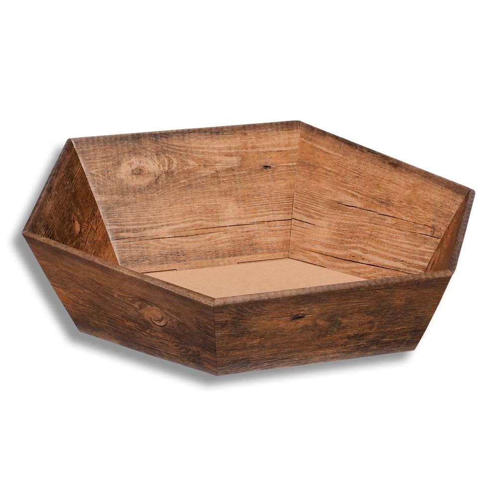 Geschenkkorb, Wellpappkorb Vintage, Holzoptik, 6-eckig, 19,5x20,2x9,2 cm, 25 Stück