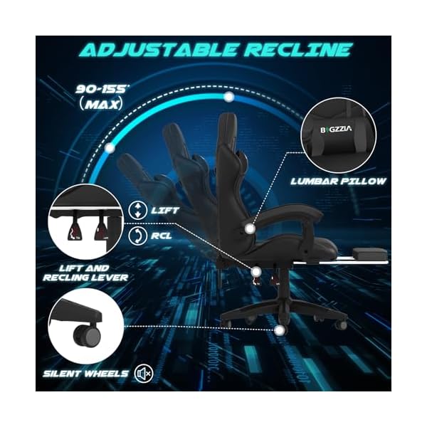 Ergonomic Gaming Chair with Footrest, Headrest, Lumbar Support, Reclining Backrest, and Adjustable Height for Adults (With Footrest, Black) - Image 6