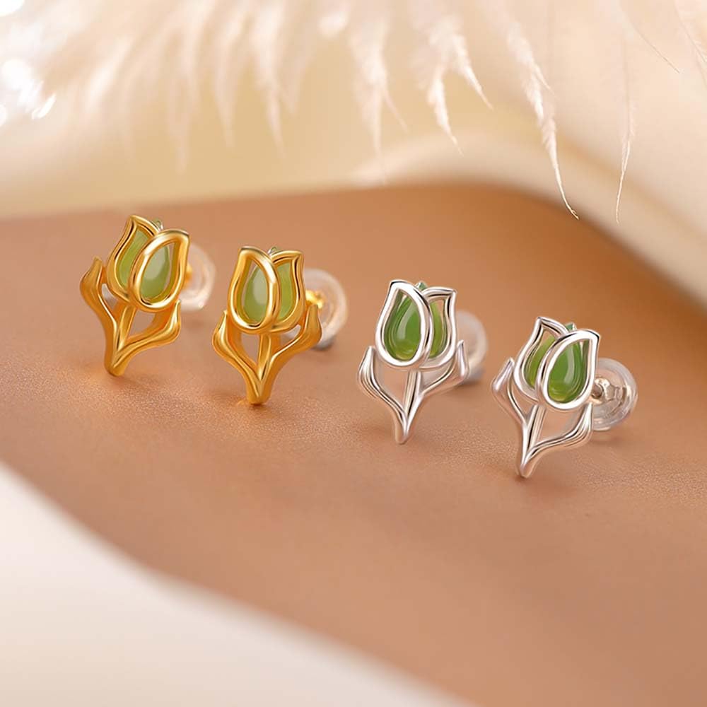 WBDWWTD Zierliche Rosen-Ohrstecker, grüne Jade-Ohrringe, Sterlingsilber für Frauen, Jade-Liebesschmuck, Gold
