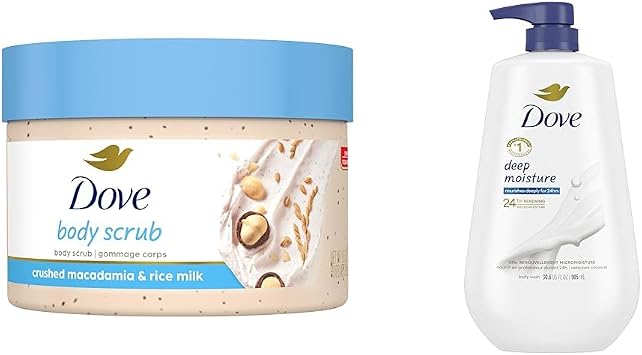 Dove Scrub Macadamia & Rice Milk Reveals Visibly Smoother Skin Body Scrub That Nourishes Skin & Body Wash with Pump Deep Moisture For Dry Skin Moisturizing Skin Cleanser