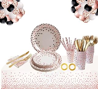 Rose Gold Birthday Party Tableware Set,Party Supplies Including Paper Plate,Paper Cups,Napkins and Paper Straws for Birthday Party,Dinnerware Set for 16 Guests