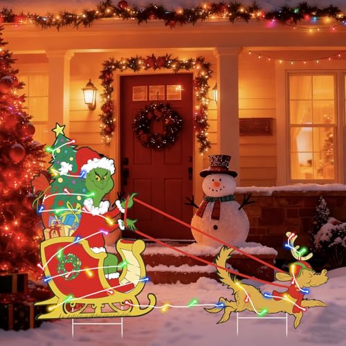 Outdoor Christmas Fence Peeker Yard Signs Wreath with LED Lights- Party Decorations for Indoor Christmas Tree Decor Yard Garden Door Fence for Holiday (sleigh)