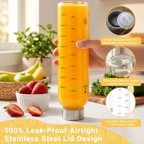 Image of Luxfuel Clear Glass Bottles with Lids, 18oz Glass Water Bottles for Juicing | Measurement Markings, 100% Leak Proof Stainless Steel Lid, Reusable for Smoothie, Refrigerator and Dishwasher Safe, Set of 6