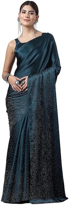Latest Women's Satin Silk Hot Fixing Stone Work Saree with Unstitched Blouse piece.