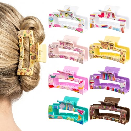 PANTIDE 8Pcs Book Hair Claw Clips for Women Girls - Back to School Bookish Reading Club Funny Rectangle Nonslip Banana Hair Clips Thin Thick Short Long Curly Hair Accessories Teacher Book Lover Gift