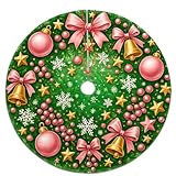 Christmas Tree Skirt 30 inch, Green Pink Bow Gold Star Snowflake Xmas Tree Skirt Mat for New Year Holiday Christmas Party Decorations