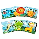 【Aprender mientras juegas】 Juguetes Montessori para niños pequeños de 1 2 3 años, que pueden jugar con ellos en casa, en el interior o al aire libre, con padres o amigos. 6 piezas de formas de animales seleccionadas que incluyen rana, búho, león, abeja, elefante, jirafa.