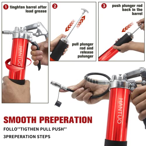 Grease Gun, 8000 Psi Pistol Grip Grease Gun Kit With 14 Oz Load, Heavy Duty Professional Quality, Anodized Aluminum Barrel.18 Spring Flex Hose, 6" Straight & 6" Angled Tube, Coupler & Needle Nozzle #TOP6