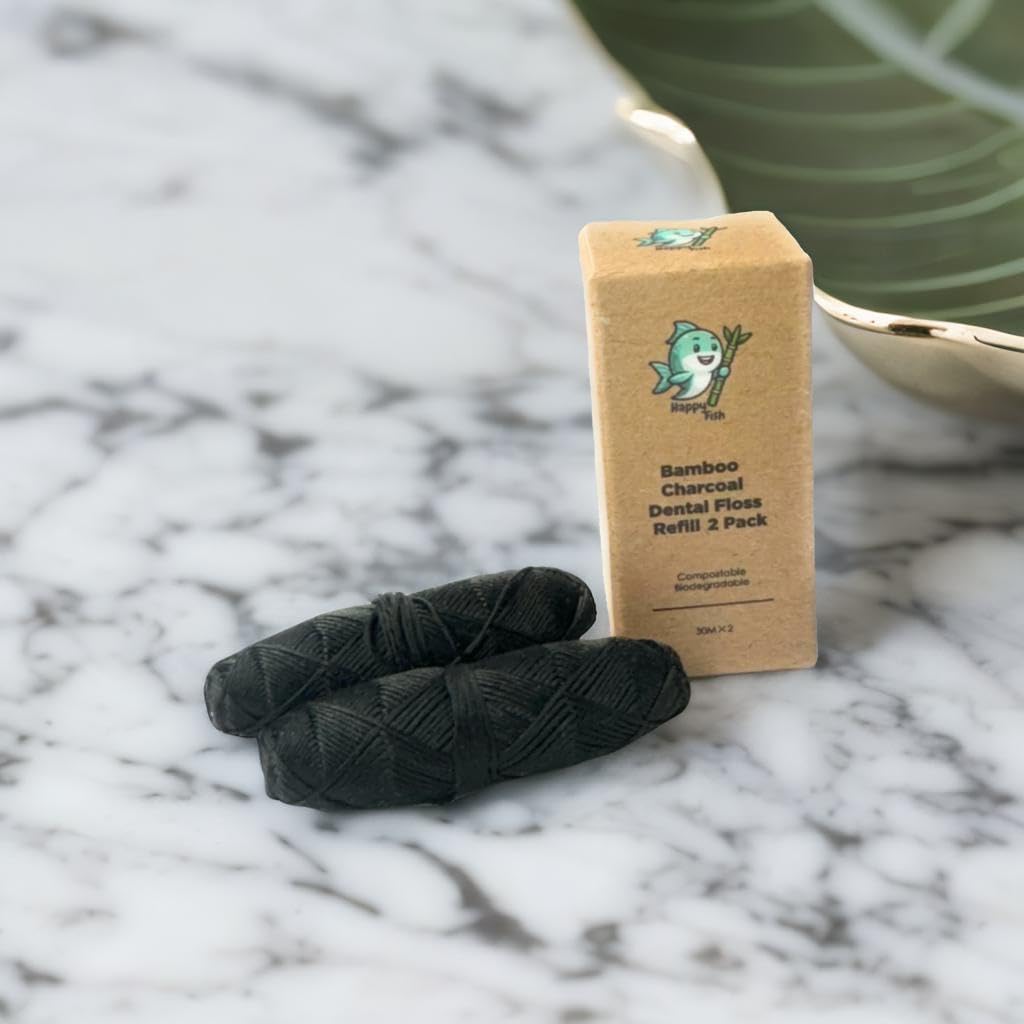 Vegan Biodegradable Happy Fish Dental Woven Floss Bamboo Charcoal Refill Pack (4 Count) image 5