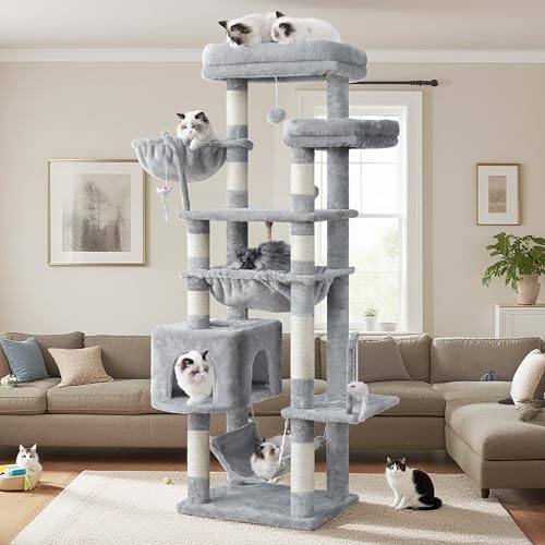 Gitelsnour Cat Tree, Cat Tower for Large Cats with 2 Big Platforms, 2 Baskets, condo and Toys, 63" Cat Scratching Posts for Indoor Cats, Light Gray GCT020W by Gitelsnour - Image 8