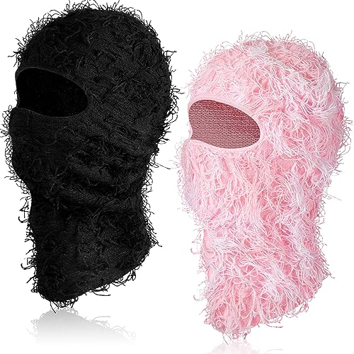 Newcotte 2 Pack Adult Distressed Balaclava Ski Mask Full Face Knitted Balaclava Windproof Cool Ski Mask for Cold Weather(Large,Black, Pink and White)
